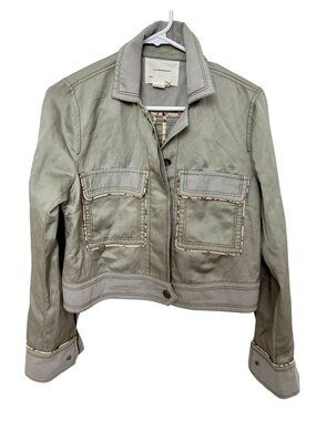 Anthropologie Sage Green Piped Trucker Jacket Size S, Boho
